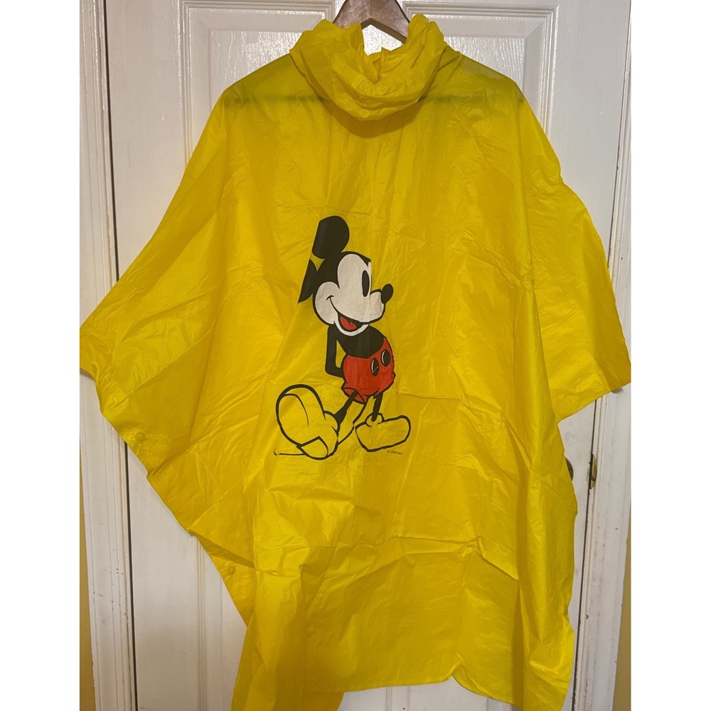 Vintage Disney Mickey Mouse Yellow Rain Poncho Hooded Waterproof Cape One Size